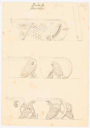 Stiftskirche, Gernrode Restaurierung: Details Deckenbalken der Seitenschiffe, Blatt A, Ansichten mit Ornamentik, Schnitt