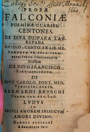 Elegantes Variorvm Virgilio-Ovidio-Centones De Opificio Mvndi, Christo Deo, Deiqve Matre, SS. Francisco Et Car. Borromaeo