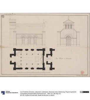 Jablonken (Jabłonka), ehemals Kreis Ortelsburg, Regierungsbezirk Königsberg (Województwo Warmińsko-Mazurskie). Entwurf zur evangelischen Kirche. Grundriss, Grundriss der 2. Turmetage, Seiten- und Vorderansicht