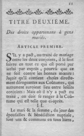 Titre deuxiéme. Des droits appartenans à gens mariés.