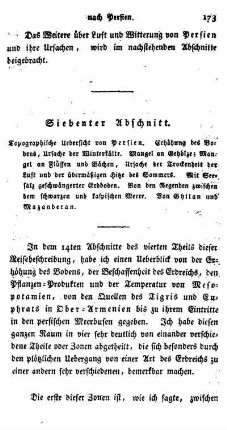 Topographische Uebersicht von Persien. Erhöhung des Bodens. Ursache der Winterkälte. Mangel an Gehölze; Mangel an Flüssen und Bächen, Ursache der Trockenheit der Luft und der übermäßigen Hitze des Sommers. Mit