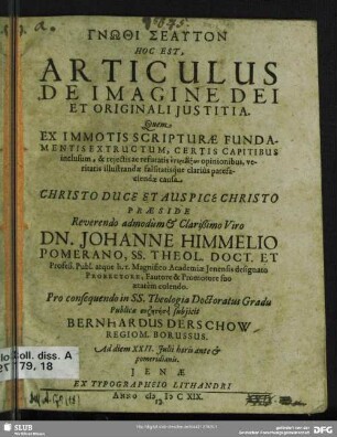 Gnōthi Seauton Hoc Est, Articulus De Imagine Dei Et Originali Iustitia