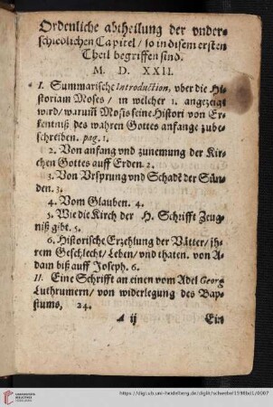 Ordentliche abtheilung der underschiedlichen Capitel, so sie in diesem ersten Theil begriffen sind