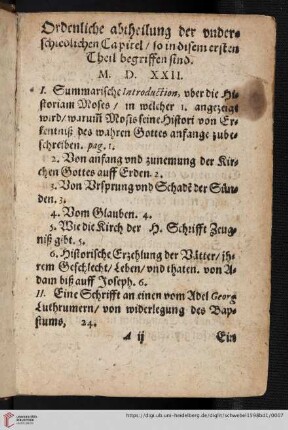 Ordentliche abtheilung der underschiedlichen Capitel, so sie in diesem ersten Theil begriffen sind