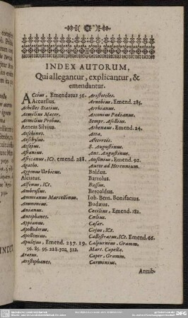 Index Autorum, Qui allegantur, explicantur, & emendantur