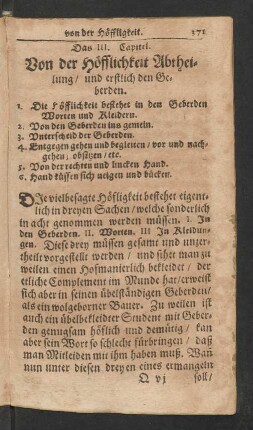 Das III. Capitel. Von der Höffligkeit Abtheilung/ und erstlich den Geberden.