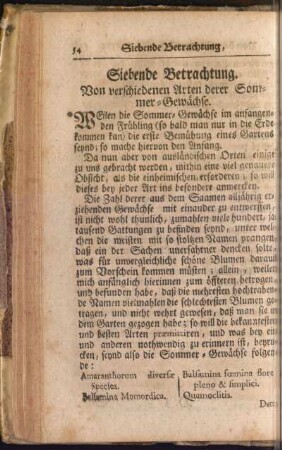 Siebende Betrachtung. Von verschiedenen Arten derer Sommer-Gewächse