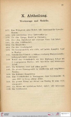 X. Abtheilung. Werkzeuge und Modelle (Nr. 1077 - 1093)