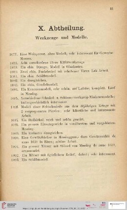 X. Abtheilung. Werkzeuge und Modelle (Nr. 1077 - 1093)