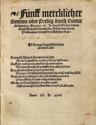 Fünff mercklicher Sermon oder Predig