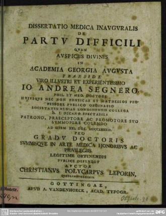 Dissertatio Medica Inauguralis De Partu Difficili