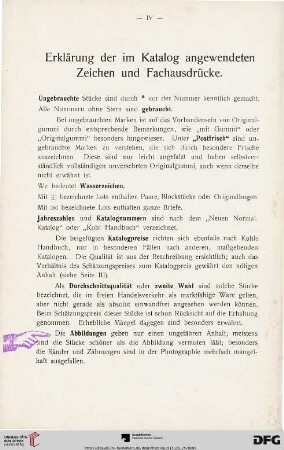 Erklärung der im Katalog angewendeten Zeichen und Fachausdrücke