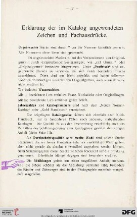 Erklärung der im Katalog angewendeten Zeichen und Fachausdrücke