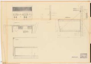Stadttheater (später: Heinz-Hilpert-Theater), Lünen: Ablagen im Toilettenvorraum, Grundriss Parkett, Bühne, Foyer 1:10, 1:1