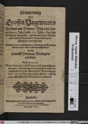 Erinnerung Des Grossen Ungewitters Welches mit Donner/ Blitz und Hagel/ den 22. Julij dieses 1653. Jahrs/ kurz vor der Erndte/ eingefallen: viel wolgerathener Früchte umb und in Oldendorff unterm Limberg zerschmettert und verderbet