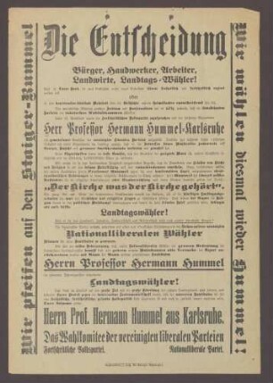 Wahlplakat: "Die Entscheidung. Bürger, Handwerker, Arbeiter... Hermann Hummel." Wahlkomitee der vereinigten Parteien, 1913, J. Huß, St. Georgen