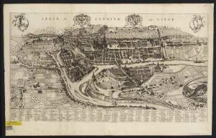 Vogelschaukarte von Lüttich, Belgien, Kupferstich, ab 1660 : Legia, sive Leodium; vulgo, Liege : [Stadtplan] / Julius Milheuser fec. - Amsterdam : F. de Wit , [ab 1660]. - 1 Vogelschauplan : Kupferst. ; 79 x 39 cm. - Mit Erl. auf d. Kartenrand. - Titel oben Mitte, 2 Wappenkartuschen oben Mitte