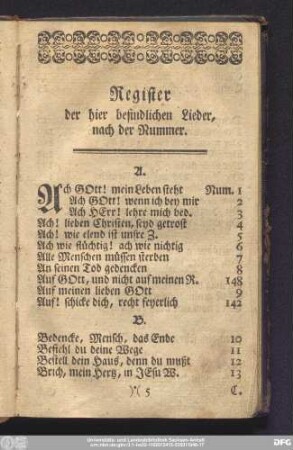 Register der hier befindlichen Lieder, nach der Nummer.