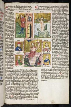 (1) Antitypus: Auferstehung Christi; (2) Typus: Samson mit den Toren von Gaza; (3) Typus: Jonas wird vom Walfisch ausgespien; Propheten-Brustbild