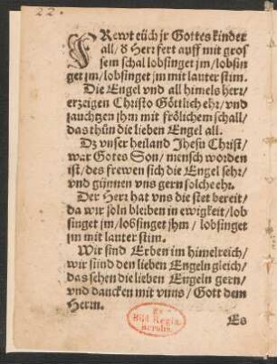 FRewt eüch jr Gottes kinder || all/ d` Herr fert auff mit gros||sem schal
