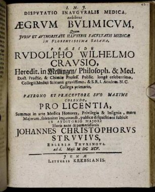 Disputatio Inauguralis Medica, exhibens Aegrum Bulimicum