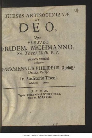 Theses Antisocinianae De Deo