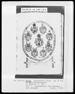 Ahnenaufschwörungen — Ahnenwappen des Winandt von Leeradt, Folio 7recto