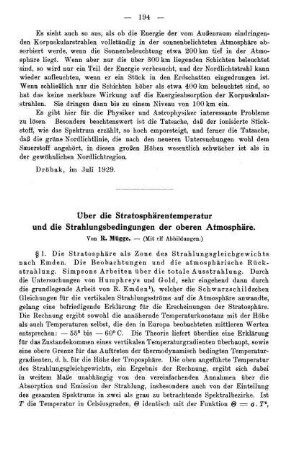 Über die Stratosphärentemperatur und die Strahlungsbedingungen der oberen Atmosphäre