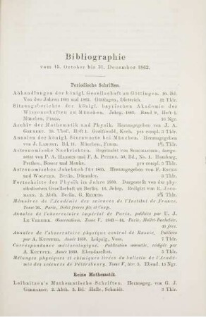 Bibliographie vom 15. October bis 31. December 1862.