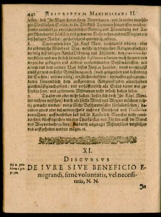 XI. Discursus De Iure Sive Beneficio Emigrandi, sitne voluntatis, vel necessitatis, N. N.