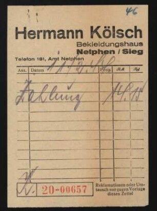 Kölsch, Hermann (Quittung)
