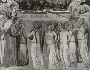 Krönung Marias mit Engeln und Heiligen, Detail : Puccio di Simone (Meister des Fabriano-Altares): Krönung Marias mit Engeln und Heiligen. Mittelbild eines Altars. Florenz, um 1340/1345. Tempera auf Pappelholz; 63 x 32 cm (Bild). Detail: Musizierende Engel. Altenburg: Lindenau-Museum, Gemäldesammlung 16