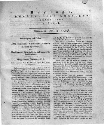Beylage, Buchhändler Anzeigen enthaltend. 7. Stück.