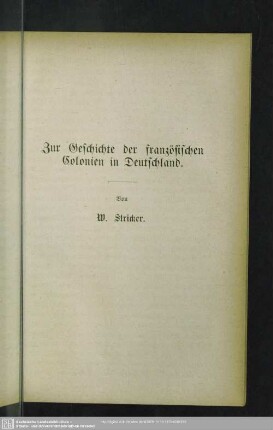Zur Geschichte der französischen Colonien in Deutschland