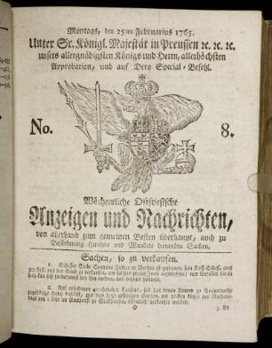 No. 8. Montags, den 25ten Februarius 1765.