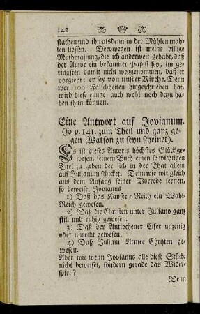 Eine Antwort auf Jovianum (so p. 141. zum Theil und ganz gegen Watson zu seyn scheinet).