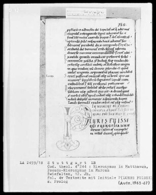 Hieronymus in Matthaeum, Pseudo-Hieronymus in Marcum — Initiale P(lures fuisse), Folio 4verso