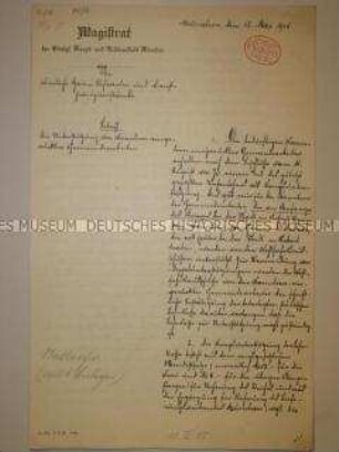 Kopie eines handschriftlichen Beschlusses des Magistrats von München zur Unterstützung von Familien eingerückter Gemeindearbeiter