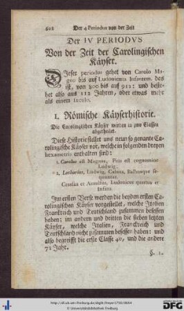 Der IV. Periodus. Von der Zeit der Carolingischen Käyser.