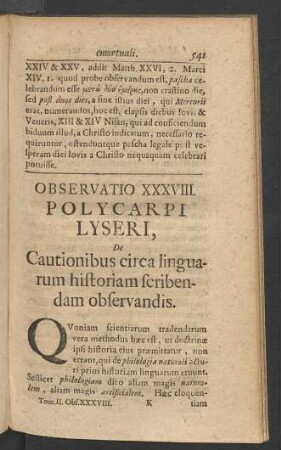 Observatio XXXVIII. Polycarpi Lyseri, de Cautionibus circa linguarum historiam scribendam observandis