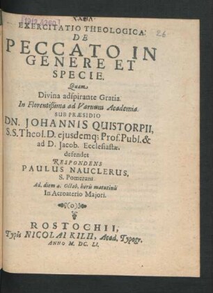 Exercitatio Theologica. De Peccato In Genere Et Specie