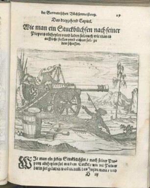 Das dreyzehend Capitel. Wie man ein Stuckbüchsen nach seiner Proportz abtheylen vnnd laden sol/ auch wie man es auffrecht stellen vnnd richten sol/ zu dem schiessen.