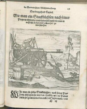 Das dreyzehend Capitel. Wie man ein Stuckbüchsen nach seiner Proportz abtheylen vnnd laden sol/ auch wie man es auffrecht stellen vnnd richten sol/ zu dem schiessen.