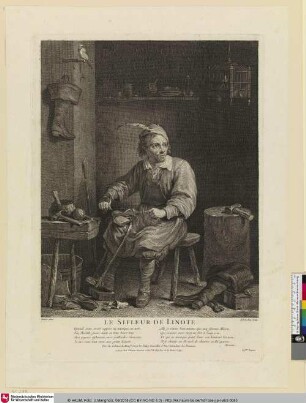 LE SIFLEUR DE LINOTE. [Ein Mann sitzt auf einem Hocker und bearbeitet einen Schuh. Um ihn herum befinden sich weitere Schuhe, sowie Werkzeug]