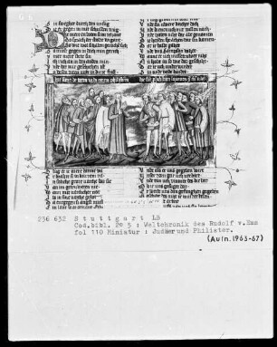 Weltchronik des Rudolf von Ems — Judäer und Philister im Streit, Folio 110recto