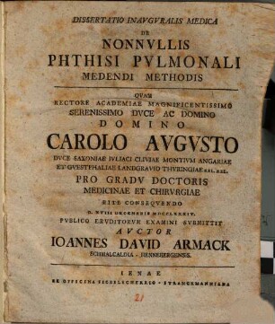 Dissertatio Inavgvralis Medica De Nonnvllis Phthisi Pvlmonali Medendi Methodis