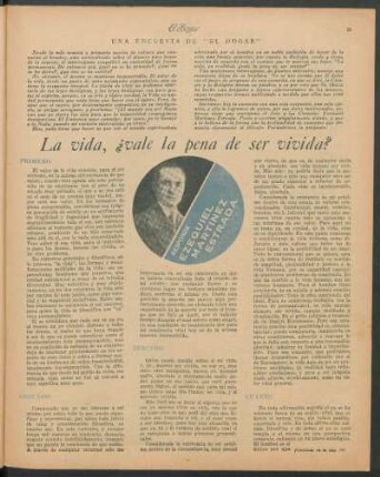 La vida, ¿vale la pena de ser vivida? : Una encuesta de "El Hogar"