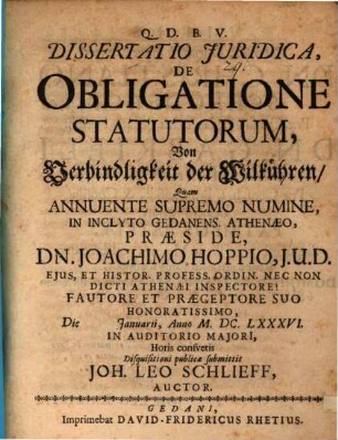Dissertatio Iuridica, De Obligatione Statutorum : = Von Verbindligkeit der Wilkühren