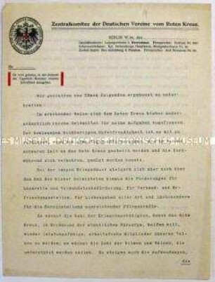 Hektografiertes Rundschreiben des Roten Kreuzes an den deutschen Handel und die Industrie mit einem Spendenaufruf
