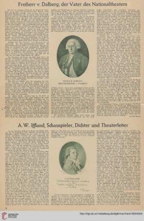 Freiher v. Dalberg, der Vater des Nationaltheaters / A.W. Iffland, Schauspieler, Dichter und Theaterleiter